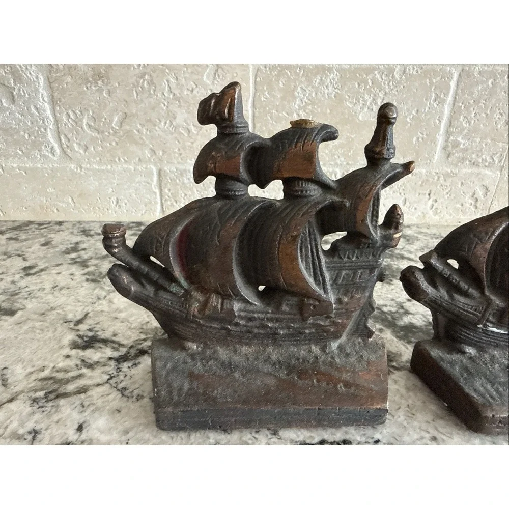 Vintage Cast Iron Sailing Ship Metal Bookends Nautical History